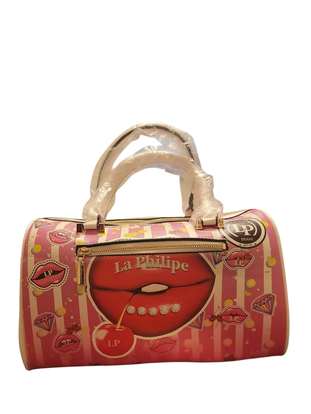 LA Philipe Pink Lip-Print Barrel Bag - Picture 2 of 7